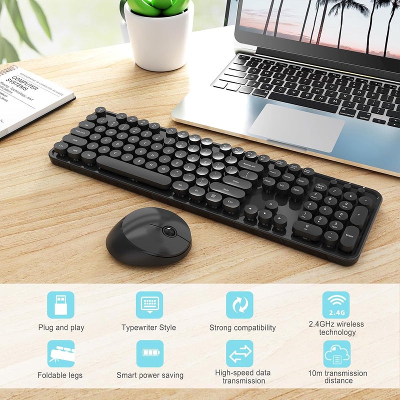 SkyGive Wireless Keyboard and Mouse Combo, Ergonomic Full Size Typewriter Retro Round Keycaps Keyboard, Compatible with Windows, PC, Perfer for Home and Office Keyboards (Black - Image 3